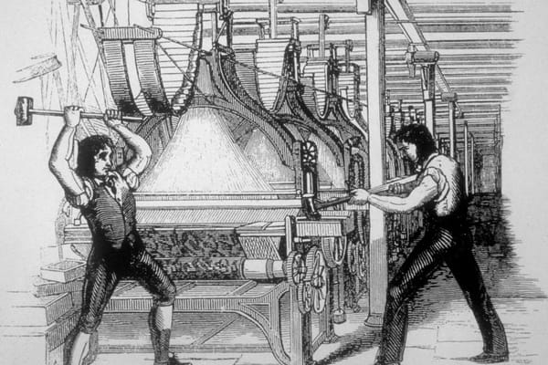A picture of two Luddites breaking machinery